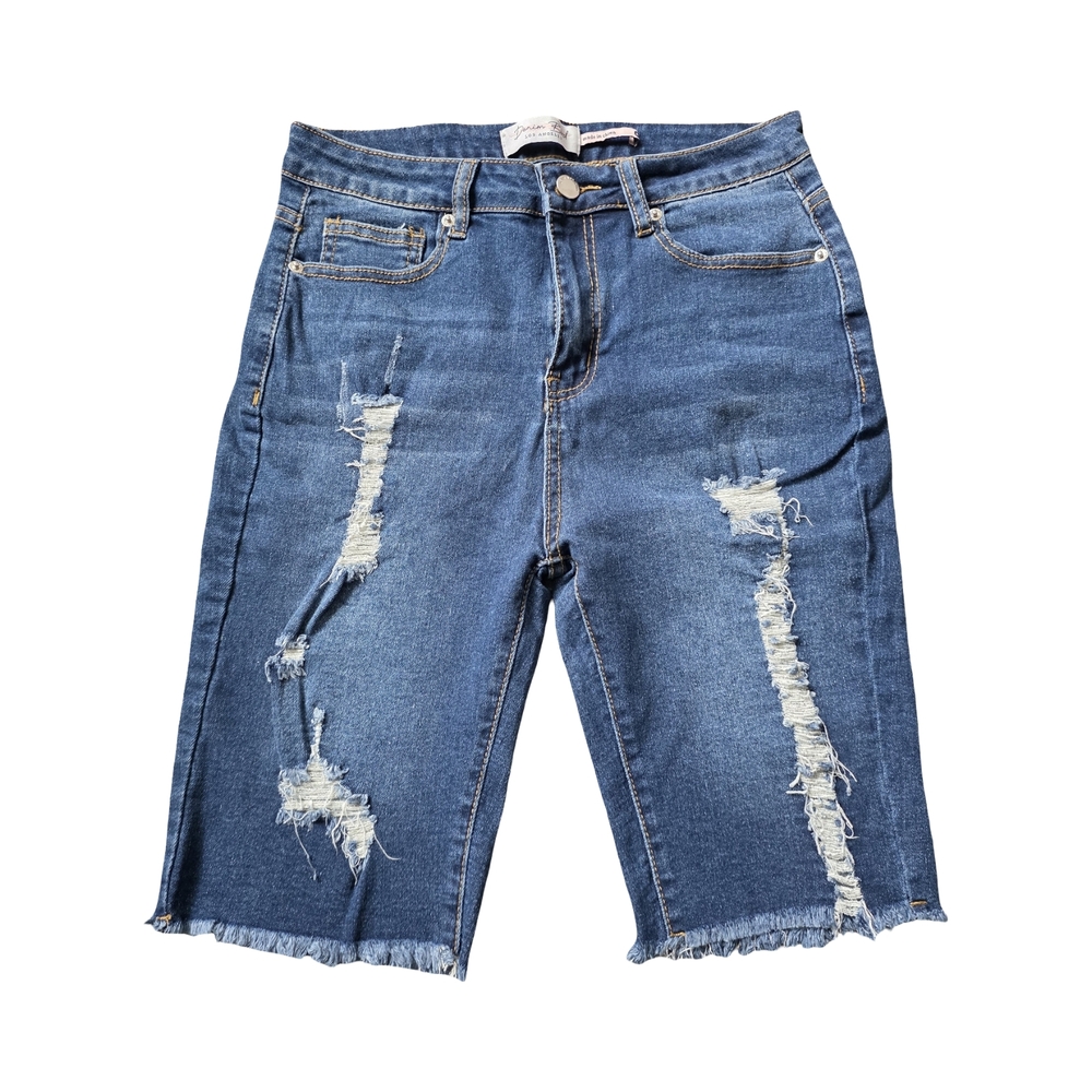 High-Rise Distressed Blue Denim Bermuda Shorts